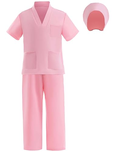 TiaoBug Mädchen Arzt Kostüm Chirurg Anzug Kurzarm Shirt + Lange Hose Schluphose + Haube 3 Teillig Doktor Krankenhaus OP Kleidung Set Halloween Outfits Rosa 146-152 von TiaoBug