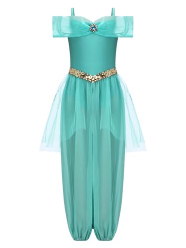 TiaoBug Mädchen Bauchtanz Kostüm Drop Shoulder Top und Weites Bein Hose Glitzer Gürtel Spaghettiträger Jumpsuit Overall Arabische Prinzessin Tanzkostüm Grün 146-152 von TiaoBug