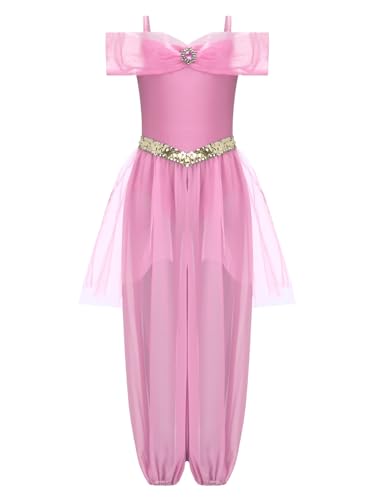 TiaoBug Mädchen Bauchtanz Kostüm Drop Shoulder Top und Weites Bein Hose Glitzer Gürtel Spaghettiträger Jumpsuit Overall Arabische Prinzessin Tanzkostüm Rosa 146-152 von TiaoBug