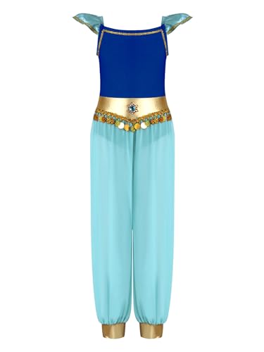 TiaoBug Mädchen Bauchtanz Kostüm Kurze Puffärmel Jumpsuit mit Metallic Gürtel Münze Anhänger Overall mit Chiffon Hose Arabische Prinzessin Tanzkostüm Blau 146-152 TiaoBug Mädchen Bauchtanz Kostüm Kurze Puffärmel Jumpsuit mit Metallic Gürtel Münze Anhänger Overall mit Chiffon Hose Arabische Prinzessin Tanzkostüm Blau 146-152 von TiaoBug