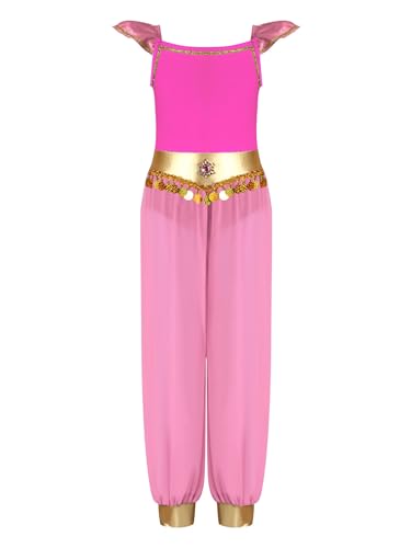 TiaoBug Mädchen Bauchtanz Kostüm Kurze Puffärmel Jumpsuit mit Metallic Gürtel Münze Anhänger Overall mit Chiffon Hose Arabische Prinzessin Tanzkostüm Hot Pink 158-164 TiaoBug Mädchen Bauchtanz Kostüm Kurze Puffärmel Jumpsuit mit Metallic Gürtel Münze Anhänger Overall mit Chiffon Hose Arabische Prinzessin Tanzkostüm Hot Pink 158-164 von TiaoBug