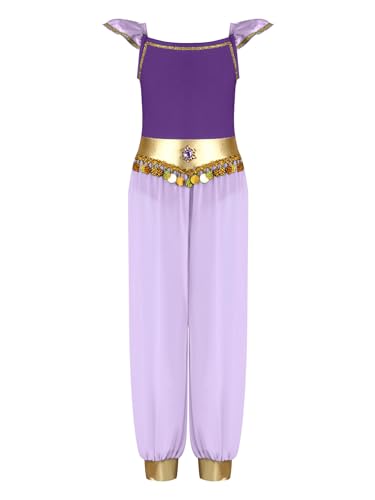 TiaoBug Mädchen Bauchtanz Kostüm Kurze Puffärmel Jumpsuit mit Metallic Gürtel Münze Anhänger Overall mit Chiffon Hose Arabische Prinzessin Tanzkostüm Violett 134-140 TiaoBug Mädchen Bauchtanz Kostüm Kurze Puffärmel Jumpsuit mit Metallic Gürtel Münze Anhänger Overall mit Chiffon Hose Arabische Prinzessin Tanzkostüm Violett 134-140 von TiaoBug