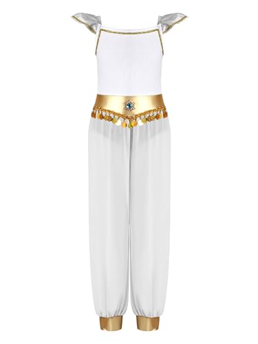 TiaoBug Mädchen Bauchtanz Kostüm Kurze Puffärmel Jumpsuit mit Metallic Gürtel Münze Anhänger Overall mit Chiffon Hose Arabische Prinzessin Tanzkostüm Weiß 158-164 TiaoBug Mädchen Bauchtanz Kostüm Kurze Puffärmel Jumpsuit mit Metallic Gürtel Münze Anhänger Overall mit Chiffon Hose Arabische Prinzessin Tanzkostüm Weiß 158-164 von TiaoBug