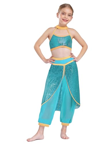 TiaoBug Mädchen Bauchtanz Kostüm Pailletten Neckholder Crop Top und Weites Bein Hose mit Cover Up Rock Prinzessin Tanzkostüm Fasching Verkleidung Hellblau 170 von TiaoBug