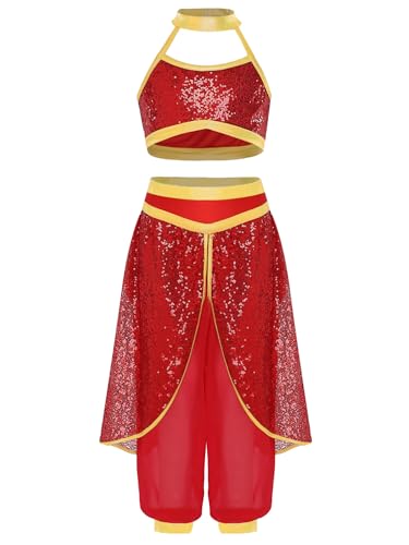 TiaoBug Mädchen Bauchtanz Kostüm Pailletten Neckholder Crop Top und Weites Bein Hose mit Cover Up Rock Prinzessin Tanzkostüm Fasching Verkleidung Rot 110-116 von TiaoBug