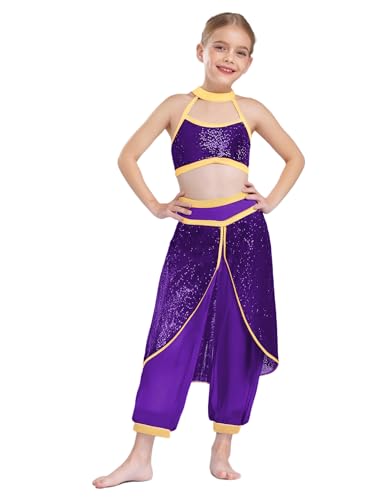TiaoBug Mädchen Bauchtanz Kostüm Pailletten Neckholder Crop Top und Weites Bein Hose mit Cover Up Rock Prinzessin Tanzkostüm Fasching Verkleidung Violett 122-128 von TiaoBug