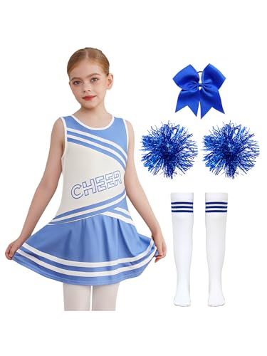 TiaoBug Mädchen Cheerleaderin Uniformen Tanz Kostüm Set aus Crop Top und Faltenrock mit Pompons und Sportstrümpfe Schulmädchen Gruppentanz Outfits Blau 134-140 von TiaoBug