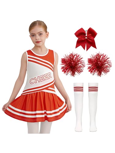TiaoBug Mädchen Cheerleaderin Uniformen Tanz Kostüm Set aus Crop Top und Faltenrock mit Pompons und Sportstrümpfe Schulmädchen Gruppentanz Outfits Rot 116-122 TiaoBug Mädchen Cheerleaderin Uniformen Tanz Kostüm Set aus Crop Top und Faltenrock mit Pompons und Sportstrümpfe Schulmädchen Gruppentanz Outfits Rot 116-122 von TiaoBug