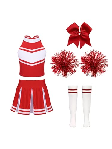TiaoBug Mädchen Cheerleading Kostüm Cheerleaderin Uniform Crop Top und Faltenrock Sport Skort mit Kniestrümpfe Pompons Tanz Outfits Rot B 158-164 von TiaoBug