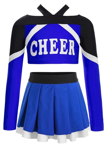 TiaoBug Mädchen Cheerleading Kostüm Langarm Cheerleaderin Crop Top Streifen Cheer Aufdruck T-Shirt mit Faltenrock Dehnbund Plisseerock Blau 110-116 von TiaoBug
