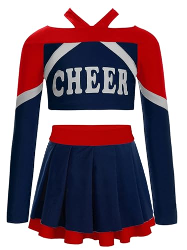 TiaoBug Mädchen Cheerleading Kostüm Langarm Cheerleaderin Crop Top Streifen Cheer Aufdruck T-Shirt mit Faltenrock Dehnbund Plisseerock Marineblau 158-164 von TiaoBug