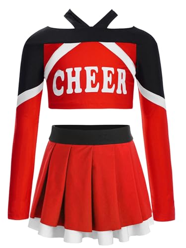 TiaoBug Mädchen Cheerleading Kostüm Langarm Cheerleaderin Crop Top Streifen Cheer Aufdruck T-Shirt mit Faltenrock Dehnbund Plisseerock Rot 170 von TiaoBug