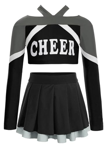 TiaoBug Mädchen Cheerleading Kostüm Langarm Cheerleaderin Crop Top Streifen Cheer Aufdruck T-Shirt mit Faltenrock Dehnbund Plisseerock Schwarz 158-164 von TiaoBug