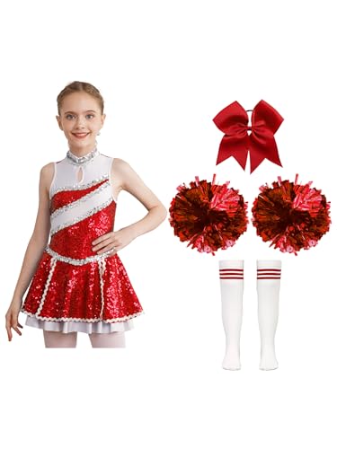 TiaoBug Mädchen Cheerleading Kostüm Pailletten Kleid Streifen Tanzkleid mit Glitzer Pompons Kniestrümpfe Schleife Haargummi Halloween Party Outfits A Rot 158-164 von TiaoBug