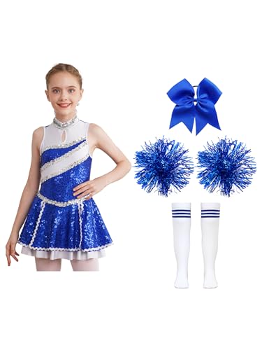 TiaoBug Mädchen Cheerleading Kostüm Pailletten Kleid Streifen Tanzkleid mit Glitzer Pompons Kniestrümpfe Schleife Haargummi Halloween Party Outfits B Blau 158-164 von TiaoBug