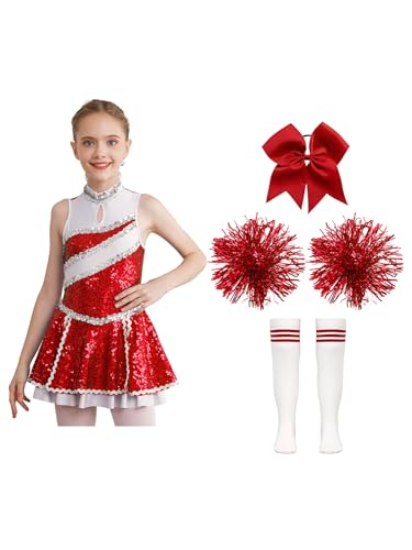 TiaoBug Mädchen Cheerleading Kostüm Pailletten Kleid Streifen Tanzkleid mit Glitzer Pompons Kniestrümpfe Schleife Haargummi Halloween Party Outfits B Rot 158-164 von TiaoBug
