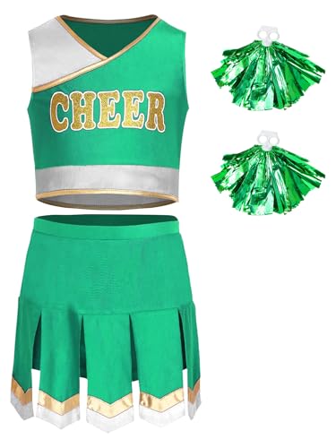 TiaoBug Mädchen Cheerleading Uniformen Tanzkostüm aus Ärmelloses Crop Top und Faltenrock mit Metallic Pompons Schule Gruppentanz Outfits Grün 146-152 von TiaoBug