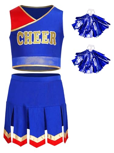 TiaoBug Mädchen Cheerleading Uniformen Tanzkostüm aus Ärmelloses Crop Top und Faltenrock mit Metallic Pompons Schule Gruppentanz Outfits Königsblau 170 TiaoBug Mädchen Cheerleading Uniformen Tanzkostüm aus Ärmelloses Crop Top und Faltenrock mit Metallic Pompons Schule Gruppentanz Outfits Königsblau 170 von TiaoBug