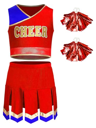 TiaoBug Mädchen Cheerleading Uniformen Tanzkostüm aus Ärmelloses Crop Top und Faltenrock mit Metallic Pompons Schule Gruppentanz Outfits Rot 146-152 von TiaoBug