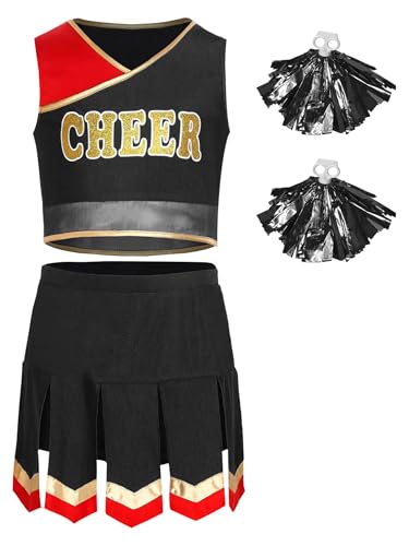 TiaoBug Mädchen Cheerleading Uniformen Tanzkostüm aus Ärmelloses Crop Top und Faltenrock mit Metallic Pompons Schule Gruppentanz Outfits Schwarz 110-116 von TiaoBug