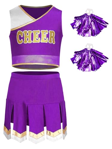 TiaoBug Mädchen Cheerleading Uniformen Tanzkostüm aus Ärmelloses Crop Top und Faltenrock mit Metallic Pompons Schule Gruppentanz Outfits Violett 158-164 von TiaoBug