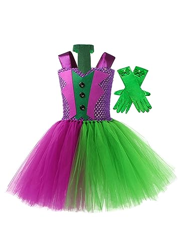 TiaoBug Mädchen Clown Kostüm Festliches Tutu Kleid + Krawatte Zweifarbig Partykleid Farbblock Fasching Karneval Festzug Outfits mit Handschuhe 104-110 von TiaoBug