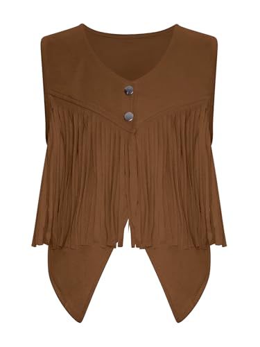 TiaoBug Mädchen Cowboy Western Weste in Wildleder Optik Ärmellose V-Ausschnitt Waistcoat Vorne Offen Gilet mit Fransen Cosplay Outfits Braun 158-164 von TiaoBug