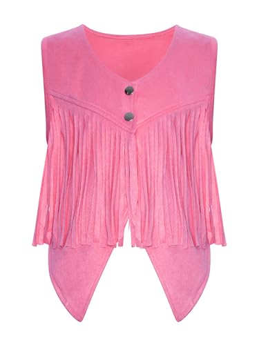 TiaoBug Mädchen Cowboy Western Weste in Wildleder Optik Ärmellose V-Ausschnitt Waistcoat Vorne Offen Gilet mit Fransen Cosplay Outfits Hot Pink 122-128 von TiaoBug