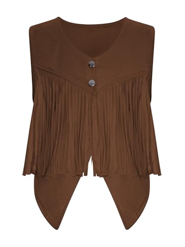 TiaoBug Mädchen Cowboy Western Weste in Wildleder Optik Ärmellose V-Ausschnitt Waistcoat Vorne Offen Gilet mit Fransen Cosplay Outfits Kaffee 158-164 von TiaoBug