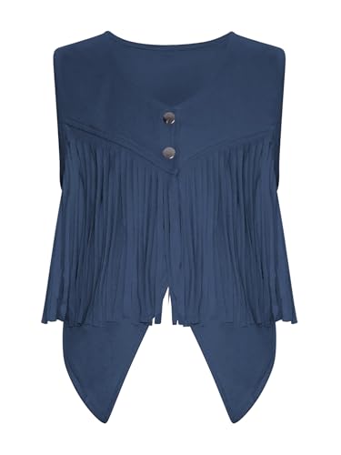 TiaoBug Mädchen Cowboy Western Weste in Wildleder Optik Ärmellose V-Ausschnitt Waistcoat Vorne Offen Gilet mit Fransen Cosplay Outfits Navy blau 146-152 von TiaoBug
