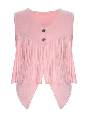 TiaoBug Mädchen Cowboy Western Weste in Wildleder Optik Ärmellose V-Ausschnitt Waistcoat Vorne Offen Gilet mit Fransen Cosplay Outfits Rosa 146-152 von TiaoBug