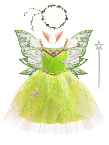 TiaoBug Mädchen Feen Kostüm Komplettes Set Prinzessin Party Kleider mit Tutu Rock Flügel Ohren Zauberstab Haarband Cosplay Outfits Halloween Verkleidung gr. 80-158 Grün 140-146 von TiaoBug