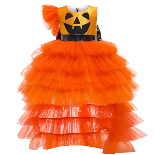 TiaoBug Mädchen Halloween Kostüm Kürbis Kleid Festlich Partykleid Tüllkleid mit Tutu Rock Herbst Outfits Lagenrock 122 von TiaoBug