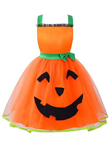 TiaoBug Mädchen Halloween Kostüm Kürbis Kleid Festlich Partykleid Tüllkleid mit Tutu Rock Herbst Outfits Orange 140 von TiaoBug