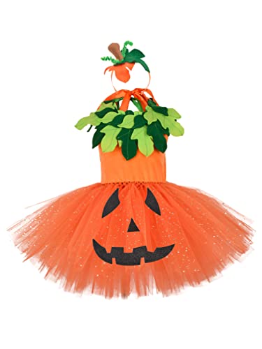 TiaoBug Mädchen Halloween Kostüm Kürbis Kleid Festlich Partykleid Tüllkleid mit Tutu Rock Herbst Outfits Orange G 104 von TiaoBug