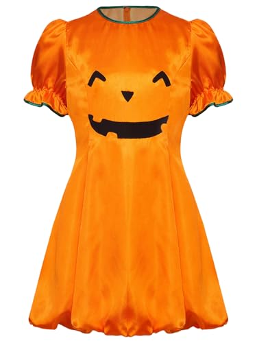 TiaoBug Mädchen Halloween Kostüm Kurzarm Puffärmel Kürbis Kleid Festlich Partykleid mit Gerafftem Rock Pumpkin Aufdruck Herbst Outfits Orange 122-128 von TiaoBug