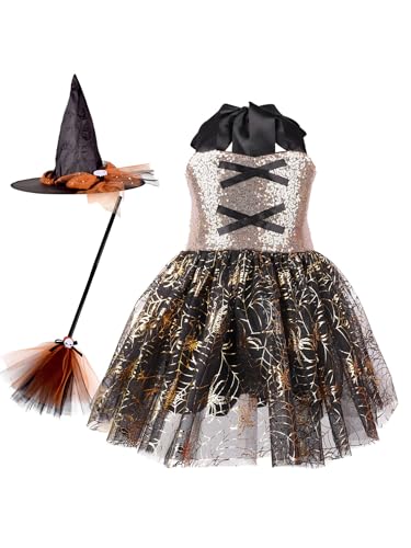 TiaoBug Mädchen Halloween Kostüm Set Pailletten Hexen Kleid Prinzessin Zauberer Partykleid mit Hexenhut Zauberstab Cosplay Outfits Gold 146-152 von TiaoBug