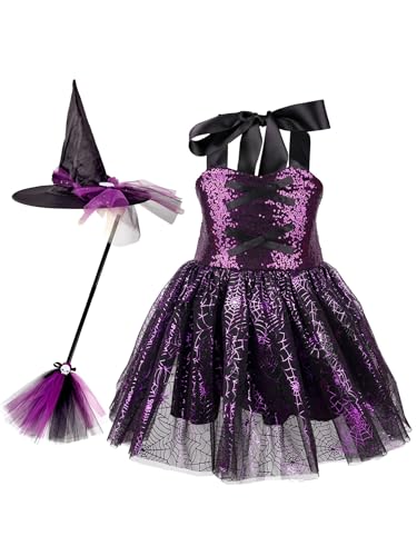 TiaoBug Mädchen Halloween Kostüm Set Pailletten Hexen Kleid Prinzessin Zauberer Partykleid mit Hexenhut Zauberstab Cosplay Outfits Violett 110-116 von TiaoBug