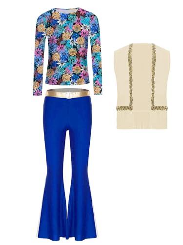 TiaoBug Mädchen Hippie Kleidung 60er 70er Outfit Blumenmuster T-Shirt Bunt Gedruckt Tunika Shirt mit Schlaghose Retro Pants Weste Disco Tanz Kostüm Beige Blau 158-164 von TiaoBug