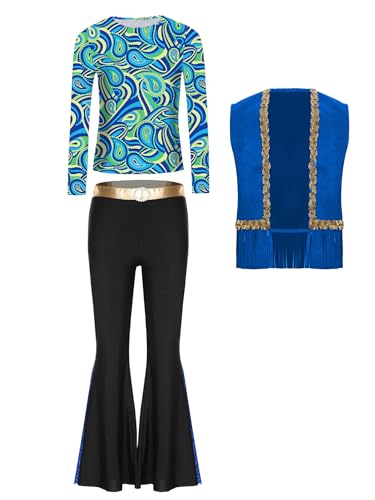 TiaoBug Mädchen Hippie Kleidung 60er 70er Outfit Blumenmuster T-Shirt Bunt Gedruckt Tunika Shirt mit Schlaghose Retro Pants Weste Disco Tanz Kostüm Blau Schwarz 170 von TiaoBug