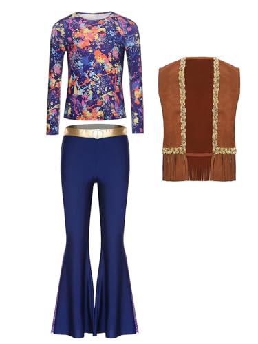 TiaoBug Mädchen Hippie Kleidung 60er 70er Outfit Blumenmuster T-Shirt Bunt Gedruckt Tunika Shirt mit Schlaghose Retro Pants Weste Disco Tanz Kostüm Braun Marine 146-152 von TiaoBug