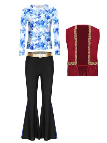 TiaoBug Mädchen Hippie Kleidung 60er 70er Outfit Blumenmuster T-Shirt Bunt Gedruckt Tunika Shirt mit Schlaghose Retro Pants Weste Disco Tanz Kostüm Burgund Schwarz 170 von TiaoBug