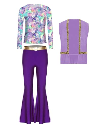TiaoBug Mädchen Hippie Kleidung 60er 70er Outfit Blumenmuster T-Shirt Bunt Gedruckt Tunika Shirt mit Schlaghose Retro Pants Weste Disco Tanz Kostüm Lavendel Lila 158-164 von TiaoBug
