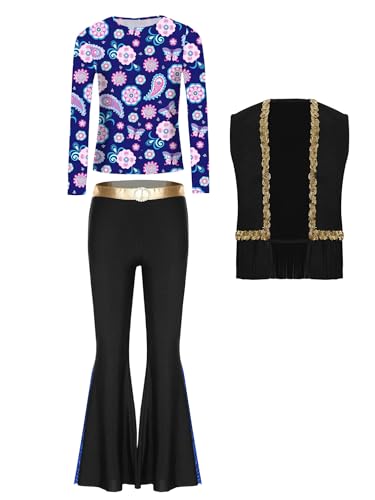TiaoBug Mädchen Hippie Kleidung 60er 70er Outfit Blumenmuster T-Shirt Bunt Gedruckt Tunika Shirt mit Schlaghose Retro Pants Weste Disco Tanz Kostüm Schwarz 134-140 von TiaoBug
