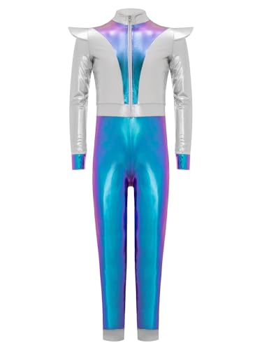 TiaoBug Mädchen Jungen Alien Cosplay Kostüm Astronaut Anzug Weltraum Uniformen Metallic Body Ganzkörperanzug Langarm Jumpsuit Overall Cosplay Outfits Blau 146-152 von TiaoBug