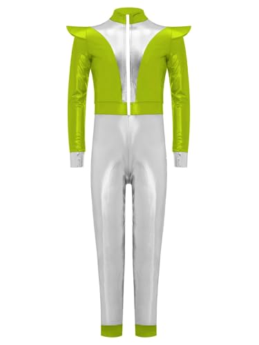 TiaoBug Mädchen Jungen Alien Cosplay Kostüm Astronaut Anzug Weltraum Uniformen Metallic Body Ganzkörperanzug Langarm Jumpsuit Overall Cosplay Outfits Grün 122-128 von TiaoBug