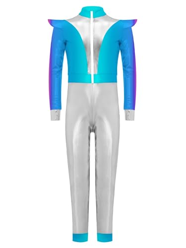 TiaoBug Mädchen Jungen Alien Cosplay Kostüm Astronaut Anzug Weltraum Uniformen Metallic Body Ganzkörperanzug Langarm Jumpsuit Overall Cosplay Outfits Silber 122-128 von TiaoBug
