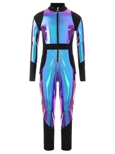 TiaoBug Mädchen Jungen Astronaut Cosplay Kostüm Alien Anzug Weltraum Uniformen Metallic Ganzkörperanzug Langarm Jumpsuit Overall Einteiler Leotard Blau 134-140 von TiaoBug
