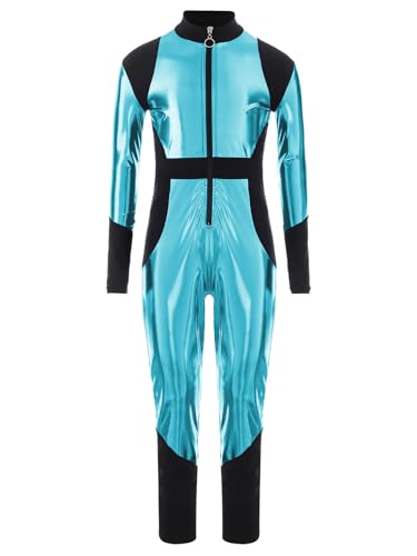 TiaoBug Mädchen Jungen Astronaut Cosplay Kostüm Alien Anzug Weltraum Uniformen Metallic Ganzkörperanzug Langarm Jumpsuit Overall Einteiler Leotard Himmelblau 170 von TiaoBug