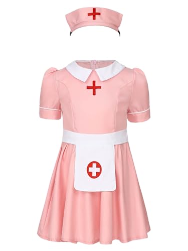 TiaoBug Mädchen Krankenschwester Tunika Kleid mit Haube Kurzarm Hemdkleider Berufskleidung Halloween Cosplay Kostüm Fasching Karneval Outfits Rosa 128-134 von TiaoBug